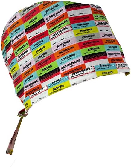 Unisex Medical Scrub Cap – Anesthesia Drug Labels - Dr. Hats, Nurses Hats. Multicolor