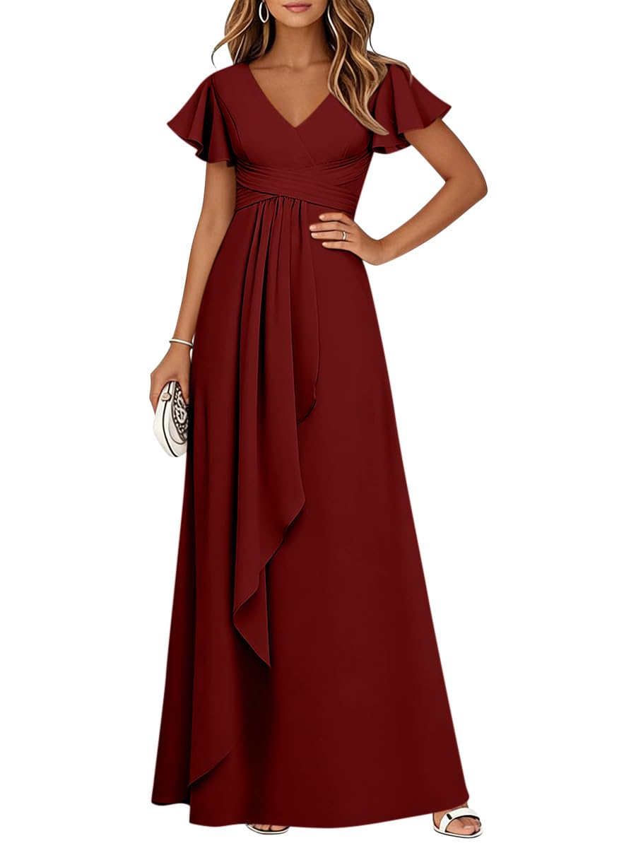 Minetom Damen Abendkleider V-Ausschnitt Hohe Taille A-Linie Chiffon Brautjungfernkleid Elegant Lang Ballkleid Abschlusskleid