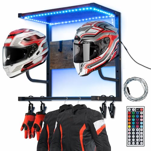 Motorcycle Helmet Rack Wall Mount with Light Black & Steel Motorcycle Helmet Rack With RGB Light Waterproof Heavy Duty Helmet Display Shelf for Jackets Gear & Motorcycle Accessories Storage