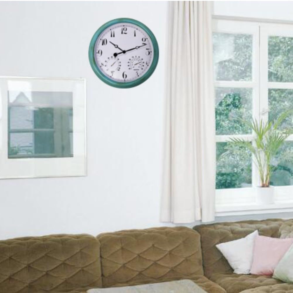 Reloj de pared para exteriores de 15 pulgadas, resistente a la intemperie, termómetro higrómetro de plástico verde, esfera grande