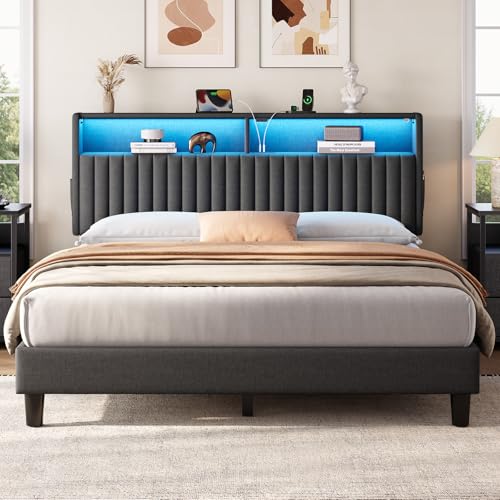 Seventable Double Bed Frame 135x190 cm PU Black Upholstered Headboard with LED Strip & USB-C Ports & Storage Shelves | Sturdy Metal Frame, Easy Assembly, No Box Spring Needed, Max Load 400 kg
