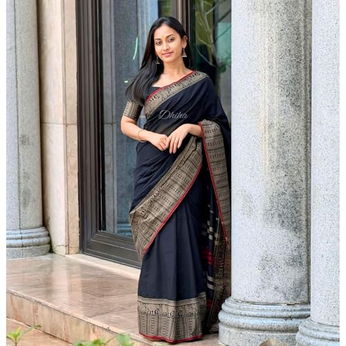 Image of Narayanpet Pure Cotton Avani Border Saree for Women with Running Blouse | Tassels | Traditional Woven Solid Design | Handloom Weave