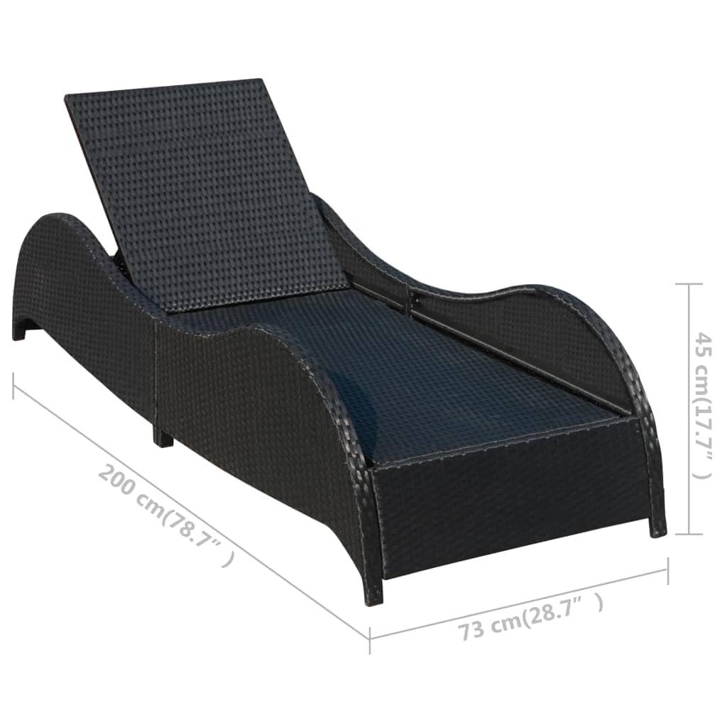 Leżak do opalania z polirattanu w kolorze czarnym z poduszką, regulowane oparcie, odporny na warunki atmosferyczne stalowy stelaż, 200 x 73 x 45 cm, do ogrodu, na taras, basen, do użytku na