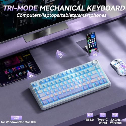 Image of SOLAKAKA A75 Wireless Mechanical Keyboard, Hot Swappable Gaming Keyboard with RGB Backlit, Multifunction Knob, Gasket Mounted Creamy Keyboard, BT5.0 /2.4GHz /USB-C, 75% Compact Layout for Win /Mac /PC