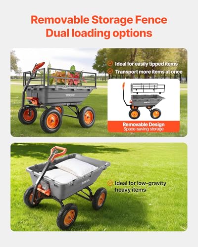 Image of VEVOR Garden Dump Cart 1500lbs 15 Cu.Ft, Heavy Duty Wheelbarrow with Convertible Handle and 16 inch Flat Free Tires, Outdoor Yard Wagon ATV Trailer Dump Cart Tow Behind for Lawn Mower Tractor