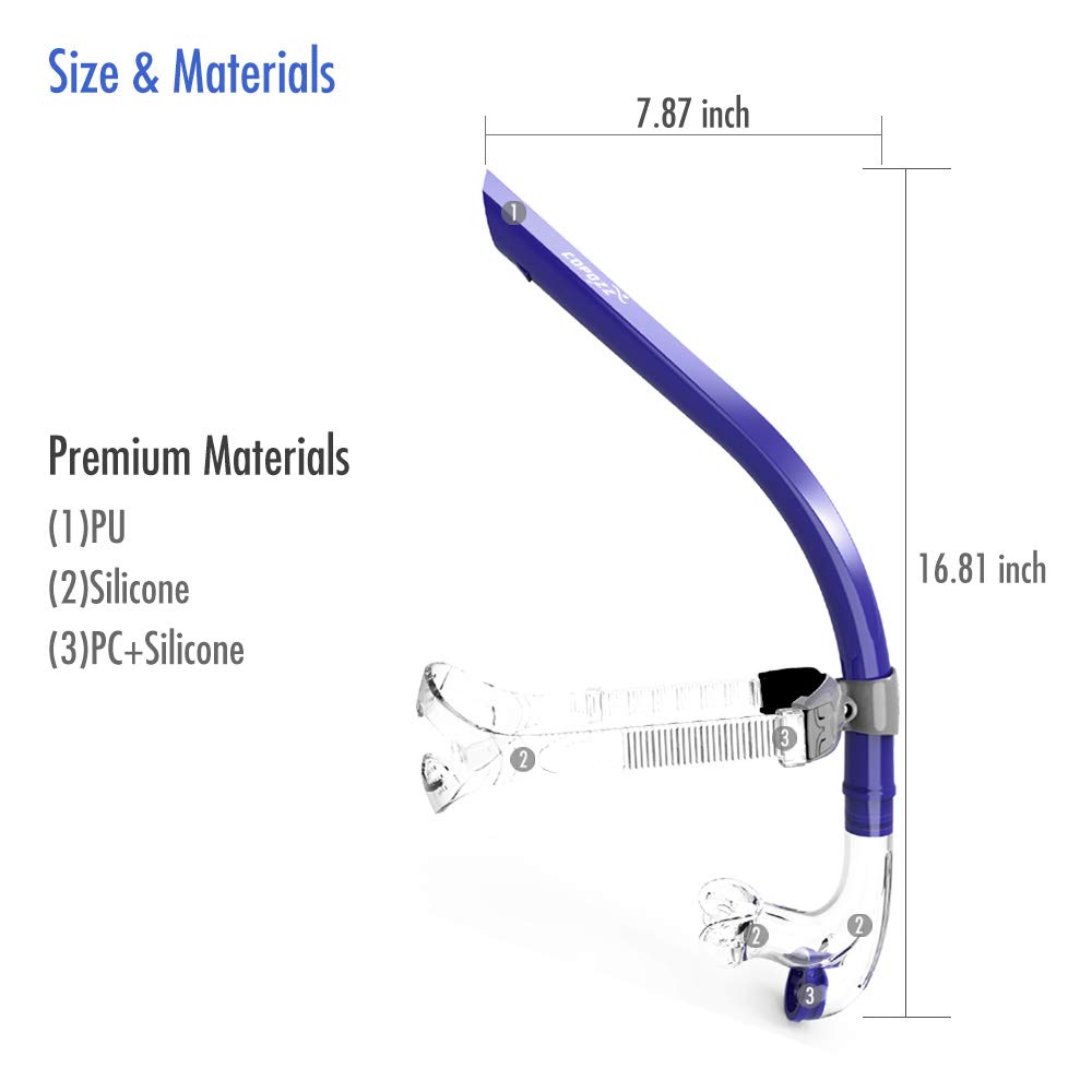 COPOZZ Swim Snorkel for Lap Swimming Swimmers Training Snorkeling Diving, Center Mount Comfortable Silicone Mouthpiece One-Way Purge Valve (Blue)