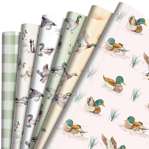 Fuyoooo 12 Sheets Mallard Duck Wrapping Paper 20 x 27 Inches Watercolor Duck Gift Wrap for Holiday Summer Birthday Baby Shower Party Packing Supplies DIY Craft 6 Style