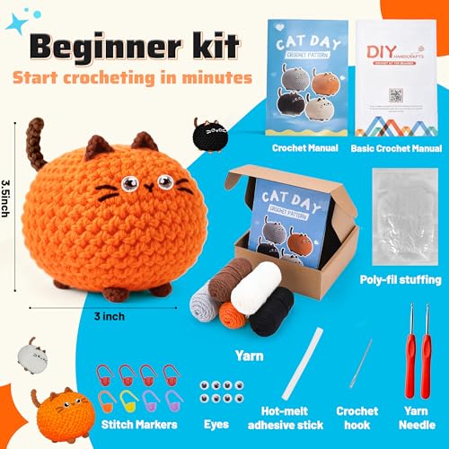 Image of Joyclub Crochet Kit for Beginners 4 Cat Family with Video for Adults | Step-by-step video and 40% extra yarn support first projects for crochet starter; a amigurumi DIY gift for adult crafters