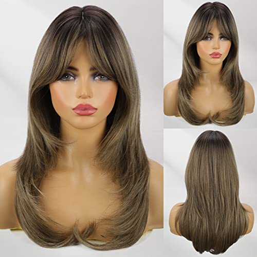 Dirty Blonde Wigs for Women Blonde Mixed Brown Wig with Bangs Layered Synthetic Hair Wig