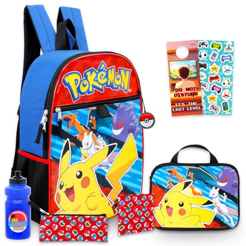 Conjunto de mochila Pokémon – Pacote com mochila Pikachu de 41 cm, estojo utilitário, suporte para lápis, garrafa de água, adesivos, mais | Conjunto de mochila escolar Pokemon para crianças, meninos e