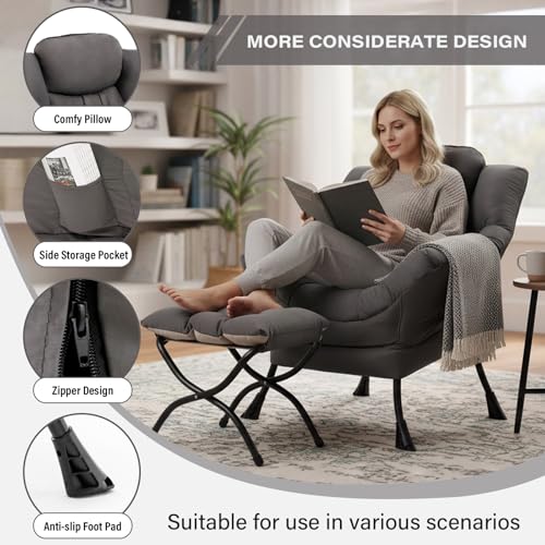 MBOOYOME Lazy Chair with Ottoman, Modern Accent Lounge Armchair with Armrests and a Side Pocket & Foldable Footstool, Leisure Reading Chair for Living Room, Bedroom, Dorm & Office, Dark Grey - view 2