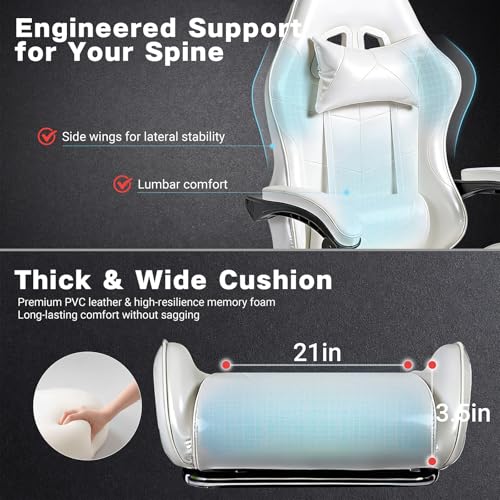 Image of Gaming Chair, Ergonomic Computer Chair with Footrest and Lumbar Support, Height Adjustable Office Chair with 360 Swivel Seat and Headrest (White)