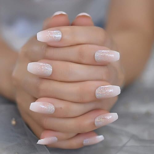 Miniatura 10 de Coolnail Uñas postizas a presión rosa claro con purpurina para salón de manicura de bricolaje, cortas, cuadradas, falsas, acrílicas, reutilizables,