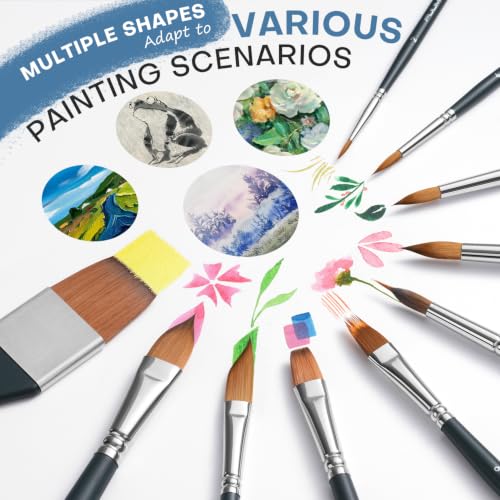 Image of Fuumuui Watercolor Brush Set, 10Pcs Professional Soft Synthetic Hair Paint Brushes - Wide Flat, Dagger, Cat's Tongue, Extended Needle, Round, Grainer for Watercolor Gouache Inks Painting