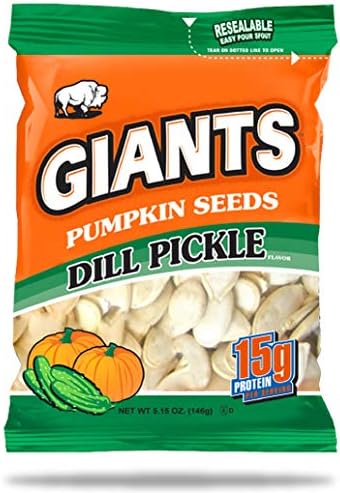 GIANTS Dill Pickle Pumpkin Seeds - Pumpkin Seeds to Eat, Roasted and Salted, Whole Pumpkin Seeds, High Protein Snack with 15g Protein Per Serving - 5.15 oz (Pack of 12)