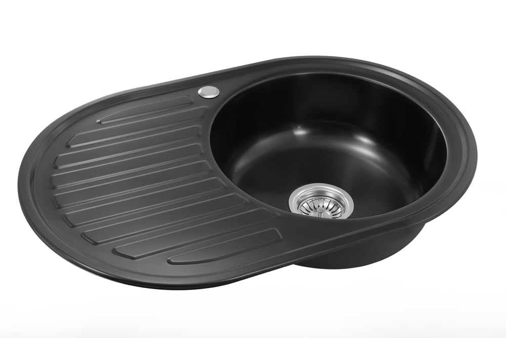 77X50X18 Fregadero cocina negro empotrable de acero inoxidable 304, grosor de material de 0,8 mm, cuadrado, 1 lavabo ovalado;1 seno
