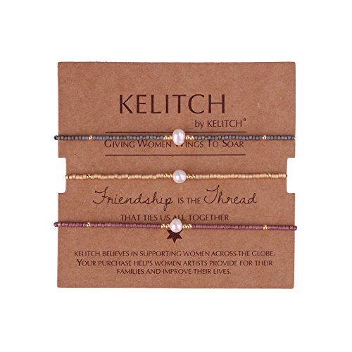 KELITCH 3 PCS Pearl Seed Bead Strand Link Bracelets Thin Rope Handmade Adjustable String Bracelets for Women