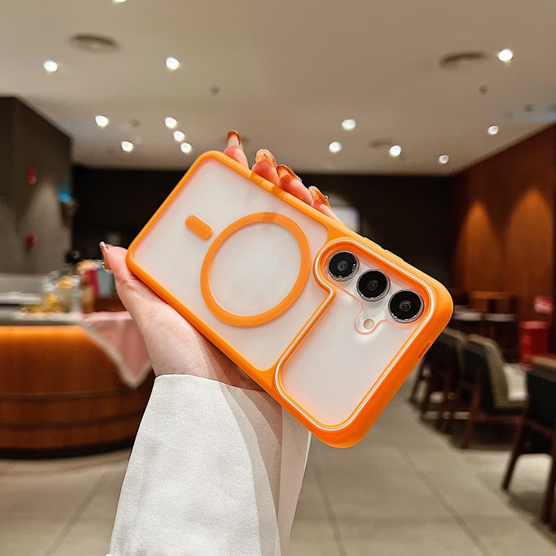 Image of LuxuryKase Frosted Clear MagSafe Case for Samsung Galaxy S25 | Translucent Matte Back | Soft TPU Bumper + Hard PC Back | Raised Camera Protection | Wireless Charging Compatible - Orange