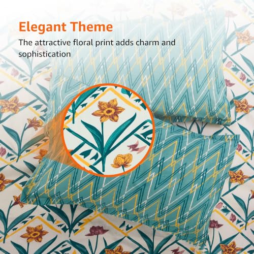 Image of Amazon Basics - 100% Cotton Flat Bedsheet | 144TC |Queen Bed Sheet with 2 Pillow Cover|Soft Cotton | Floral Print | 90 Inch x 100 Inch, Green