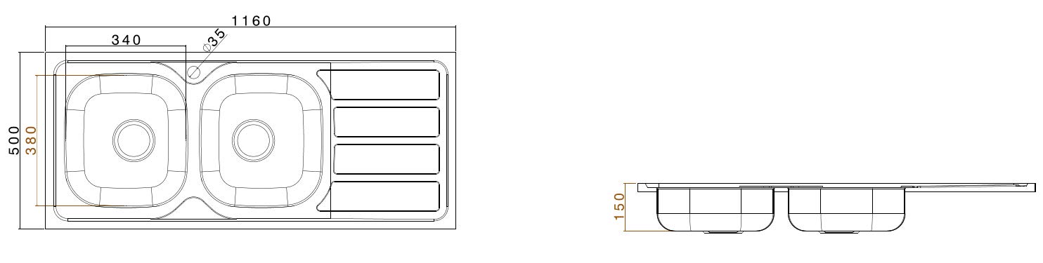 MABEL Lavello Cucina 2 Vasche con Gocciolatoio da Incasso in Acciaio Inox 201 con Finitura Spazzolata Facile da Pulire Profondità Vasche 15 cm - L 116 cm x P 50 cm