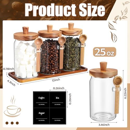 Image of Suclain 3 Pcs Glass Coffee Container Set, 25 oz, Acacia Brown | Coffee Tea Sugar Canister Set, Airtight Jar Food Storage with Wood Spoon Tray Labels, Kitchen Counter Bar Organization