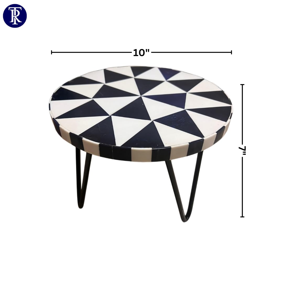 The RAAVYA Handcrafted Wooden Cake Stand with Twisted Metal Legs Black White Geometric Quill Design 10 Inch Round Opulent Display Tray for Cakes Pastries Cupcakes Weddings Birthdays Cafes & Gifting 2