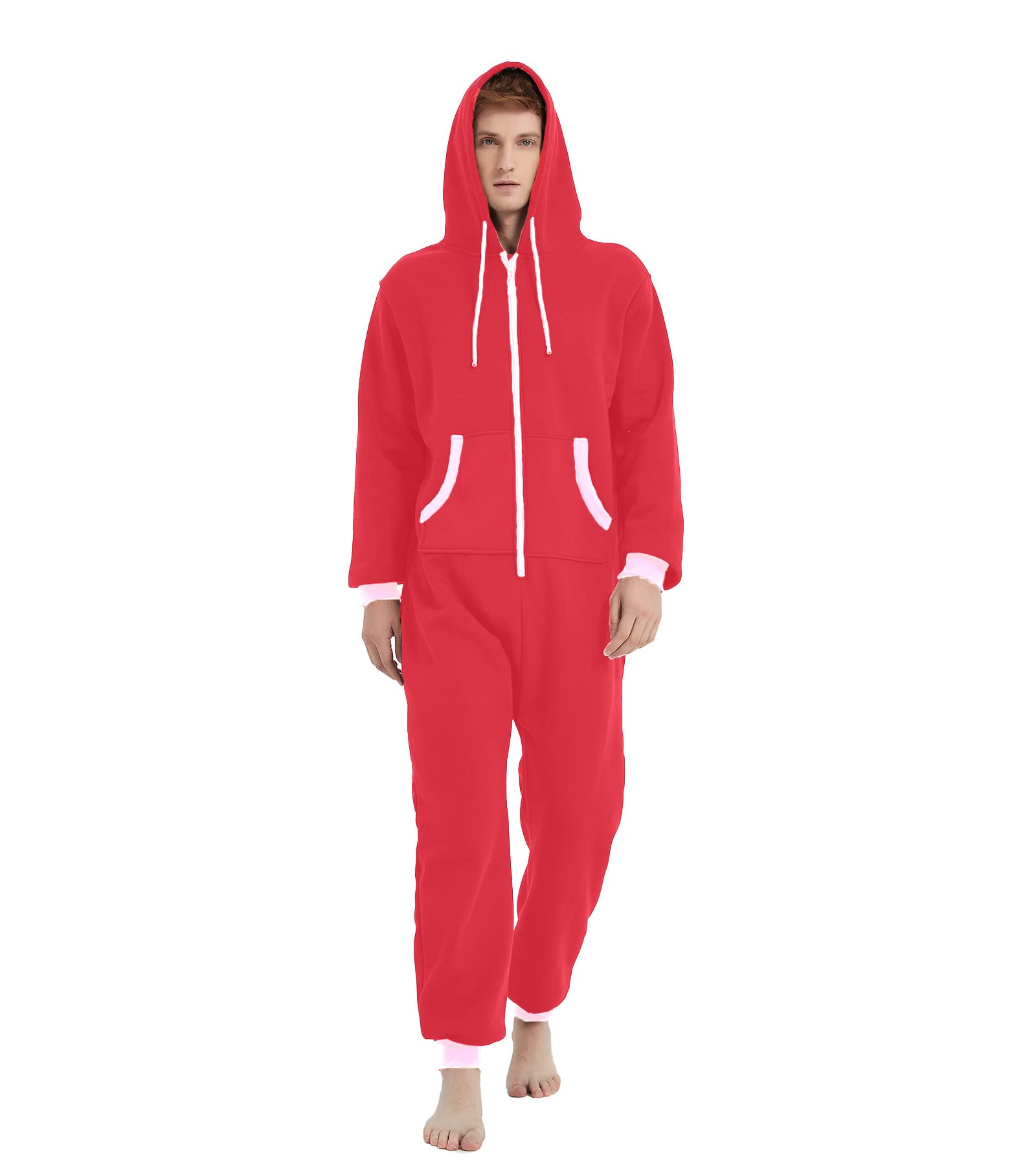 Kgromfy Mono con capucha para adultos Mono familiar Parejas a juego Pijamas con cremallera Ropa de dormir de una pieza de Navidad, Red-white Zipper, Medium