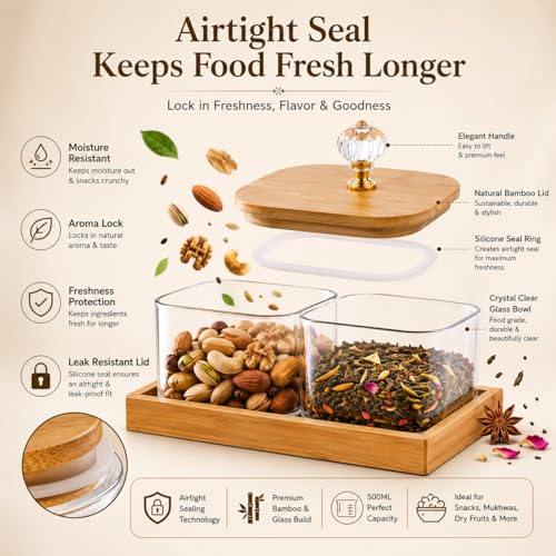 Image of 500ML Glass Storage Jar Set with Bamboo Tray & Airtight Bamboo Lid, Transparent Kitchen Containers for Dry Fruits, Snacks, Candy, Mukhwas & Tea Storage, Set of 2