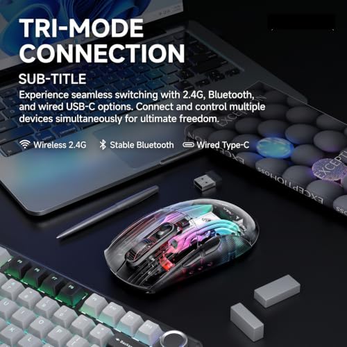 Image of RGB Magnetic Charging Dock Gaming Mouse, 12K DPI, PAW3311 Sensor, Tri-Mode Wireless, 6 Programmable Buttons, Ultra-Light 72g for PC /Mac (Black- Transparent)
