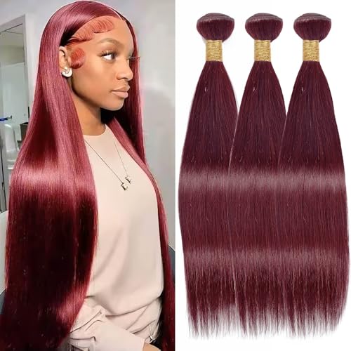 Dokksiiia Color 99j Weave 3 Bundles (16 18 20 Inch) Burgundy Straight Human Hair Bundles 99J Straight Weave Wine Red Brazilian Unprocessed Virgin Remy Hair Extensions