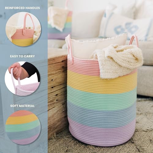 Image of OrganiHaus Rainbow Laundry Basket & Hamper, Nursery Playroom 52L | Rainbow Pastel - Rainbow Cotton Rope Hamper, Nursery 52L