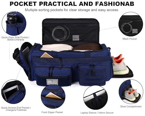 Image of LHI 50L Tactical Duffle Bag for Men, 3-in-1 Gym Duffle and Backpack, Shoe Compartment, Laptop Sleeve and MOLLE, Carry-On Travel Weekender and Overnight Bag - Blue