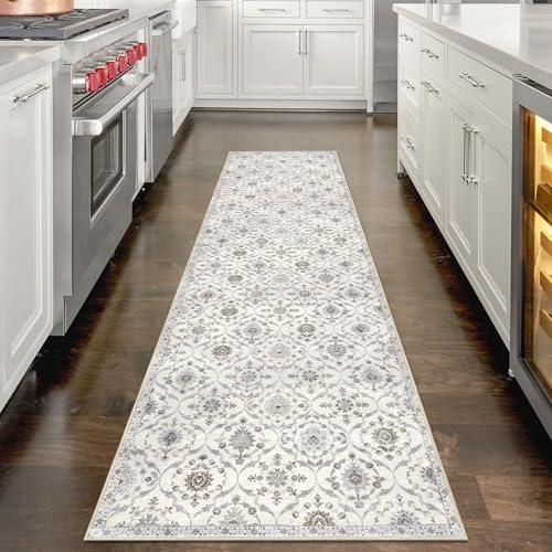 KILOCOCO 2x7 Runner Rug, Moroccan Super Soft Washable Hallway Entryway Runner Rug, Accent Print Faux Wool Kitchen Runner Rug 7 Feet Non-Slip Runners Boho Rug Runners for Bedroom, Cream Beige Grey