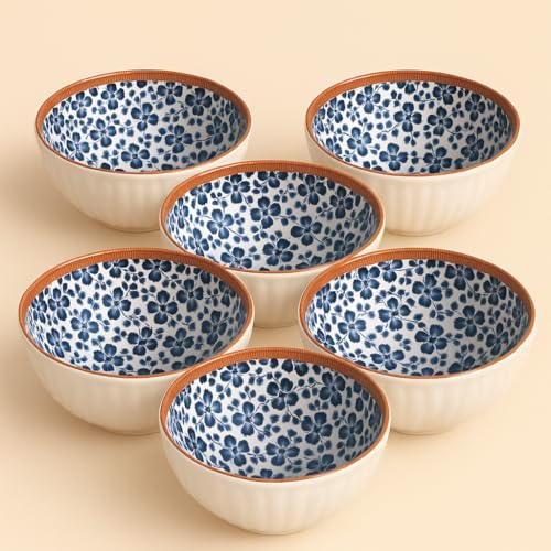 Image of YELONA Ceramic Bowls Set of 6 | 300ml Japanese Floral Rice & Snack Bowls | Blue Blossoms Design | Microwave & Dishwasher Safe | 11.5 cm | Lead-Free Porcelain