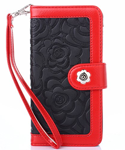 FLYEE Case Compatible with iPhone 7 Plus/8 Plus-5.5 inch,Wallet Case for Women and Girls with Card Holder and Mirror,Cards Slots Premium Leather Flip Case[Embossed] Cover Kickstand-Black