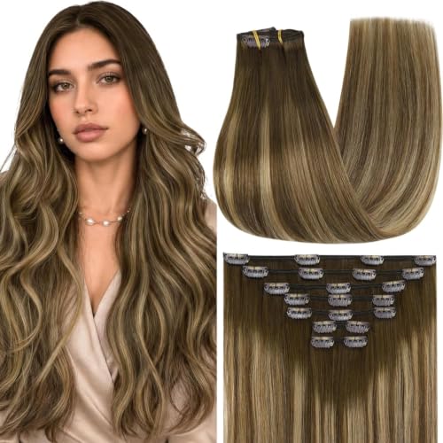Full Shine Clip in Hair Extensions Real Human Hair Balayage Brown