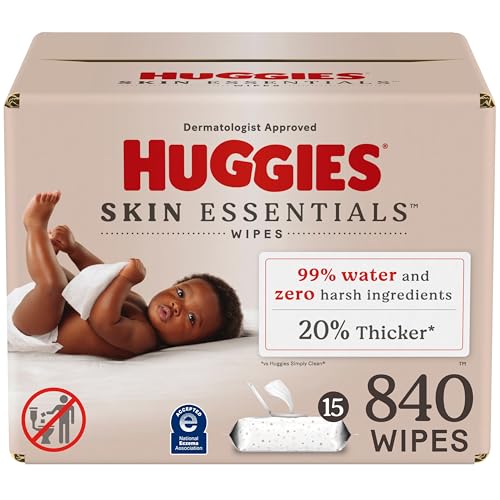 Image of Huggies Skin Essentials Baby Wipes, Hypoallergenic, 99% Water, 15 Flip Top Packs (840 Wipes Total)