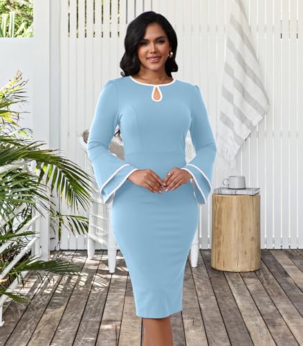Image of ZonJie Church Dresses for Women Bell Sleeves Business Wear to Work Cocktail Party Pencil Casual Dress