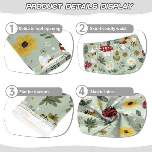 Red Mushrooms Yellow Black Striped Bees Green Leaves Flowers Ladybugs Girls Leggings Kids Yoga Pants Dance Active Tights 4T3