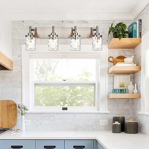 Image of Bathroom Vanity Lighting Fixtures 4 Lights,Brushed Nickel Bathroom Vanity Lights with Clear Hammered Shade Wall Sconce Lighting Modern Farmhouse Bath Lighting