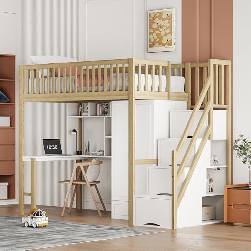 Idemon Letto a soppalco 90 x 200 con grande armadio mensola e tavolo, spazio di archiviazione scala multiuso struttura letto in legno (bianco+colore naturale)
