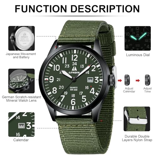 Image of LN LENQIN Mens Watches Unisex Military Sport Nylon Strap Stylish Luminous Fashion Analog Quartz Watch for Men Waterproof Army Tactical Casual Wristwatch