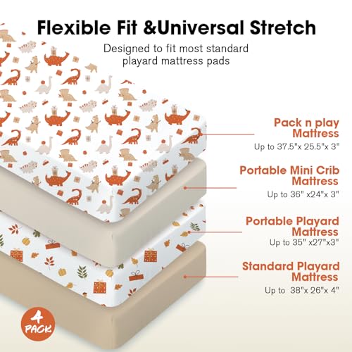 Image of Bimocosy Pack and Play Sheets Fitted 4 Pack, 38 x 26 Inch Pack n Play Mini Crib Sheets for Boys and Girls, Soft Stretchy Playard Mattress Sheets for Graco Pack n Play, Dino Harvest