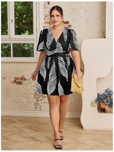 Image of Floerns Women's Plus Size Printed V Neck Short Sleeve Ruffle Hem Summer Short Dresses