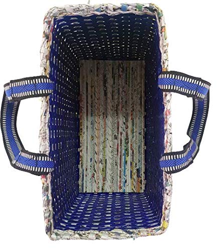 Image of Paperus, Large, Lunch Bag, Picnic Basket, Carry Bag, Handbag, Tiffin Basket for Office; Rectangular, Eco-Friendly, Handmade, of Paper Ropes, in Inch 11 H, 14 L, 7 Wide Base Blue
