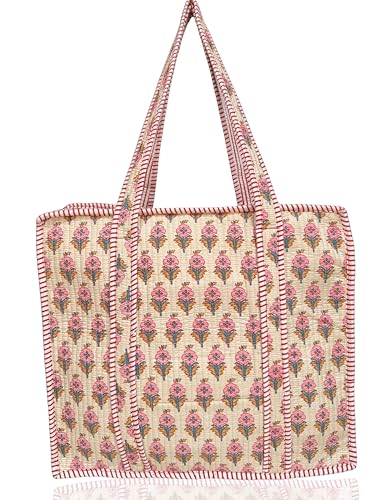 Third Eye Export Cotton Cream Quilted Tote Bag for Women – Large Beach & Travel Tote with Zipper, Reusable Grocery Bag (Clam Up Blossom Pink Block Print)
