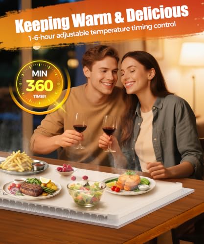 Image of Warming Mat for Food, 46x15 Inch, Off White, Fast Heat, Child Lock | Includes heat-resistant pad. Perfect for chafing dishes, buffet & parties. Easy to clean & store. 6 settings, timer & lock.