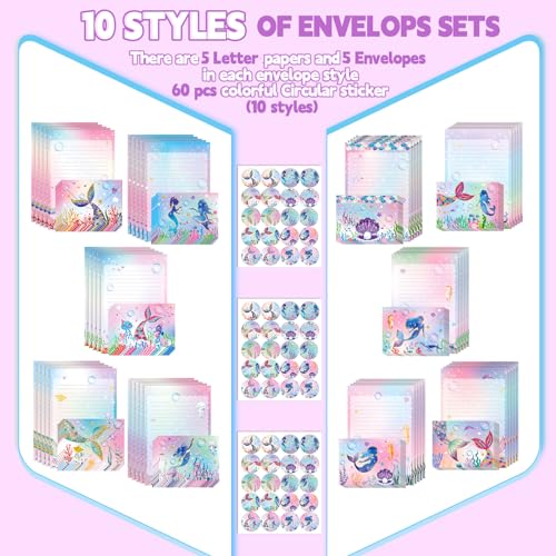 Image of TaoBary 160 Pcs Mermaid Stationery Paper and Envelopes Set 50 Double Sided Lined Stationery Paper with 50 Matching Envelopes and 60 Round Dot Sticker 5.5 x 8.25'' Letter Writing Kit, 10design
