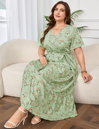 Image of ShopWonder Womens Plus Size V Neck Wrap Maxi Dress High Waist Ruffle Summer Casual Dress with Belt