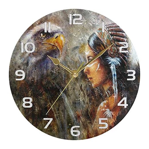 xigua North American Indian Girl and Eagle Round Wall Clock, Silent Non Ticking Battery Operated Easy to Read, Vintage Wall Decor for Living Room, Kitchen, Bedroom & Office, 9.9 Inch